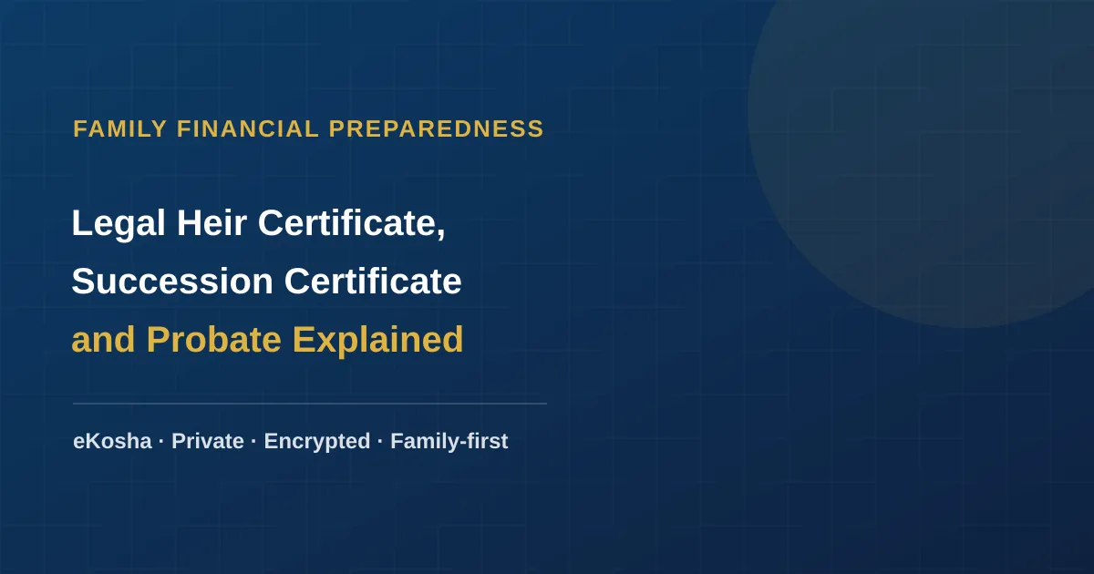 eKosha article cover — legal heir certificate, succession certificate, and probate explained